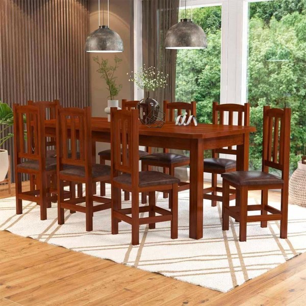 Encontraproduto.com.br - Mesa De Jantar Com 8 Cadeiras Estofadas Madeira Maciça 200cm Castanho Safira Nemargi