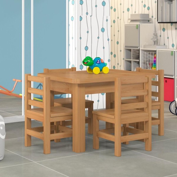 Encontraproduto.com.br - Mesinha Para Criança Infantil Retangular Com 4 Cadeiras Madeira Maciça Nogueira Nemargi