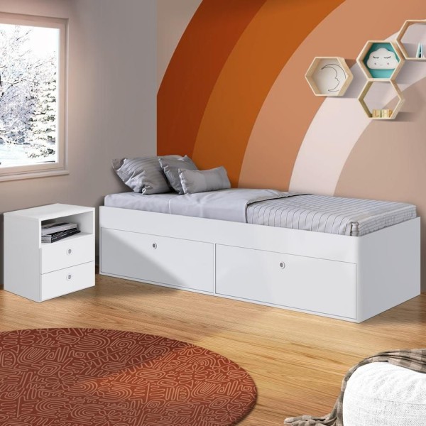 Encontraproduto.com.br - Cama Solteiro Com Mesa De Cabeceira 2 Gavetas Branco Arda Shop Jm