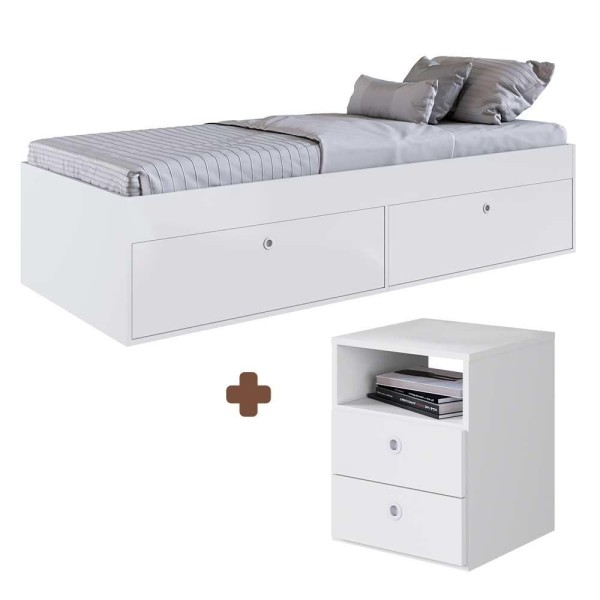 Encontraproduto.com.br - Cama Solteiro Com Mesa De Cabeceira 2 Gavetas Branco Arda Shop Jm