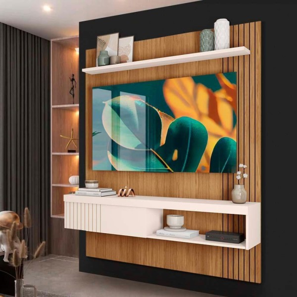 Painel Para Sala Até 55 Polegadas 149cm Freijó Off White Amity Shop Jm