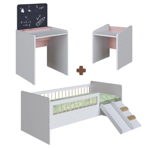 Encontraproduto.com.br - Conjunto Cama Montessoriana Com Mesinha Com Lousa E Cadeirinha Infantil Branco Rosa Cassian Shop Jm