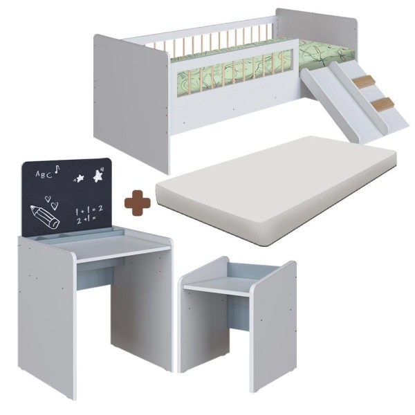 Encontraproduto.com.br - Conjunto Cama Montessoriana E Colchão Com Mesinha Com Lousa E Cadeirinha Infantil Branco Azul