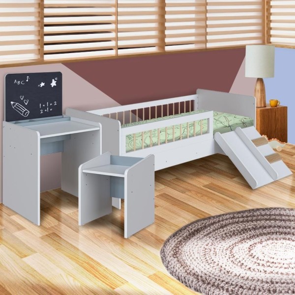 Encontraproduto.com.br - Cama Montessoriana e Colchão Ortobom Com Mesinha Com Lousa E Cadeirinha Infantil Branco Azul