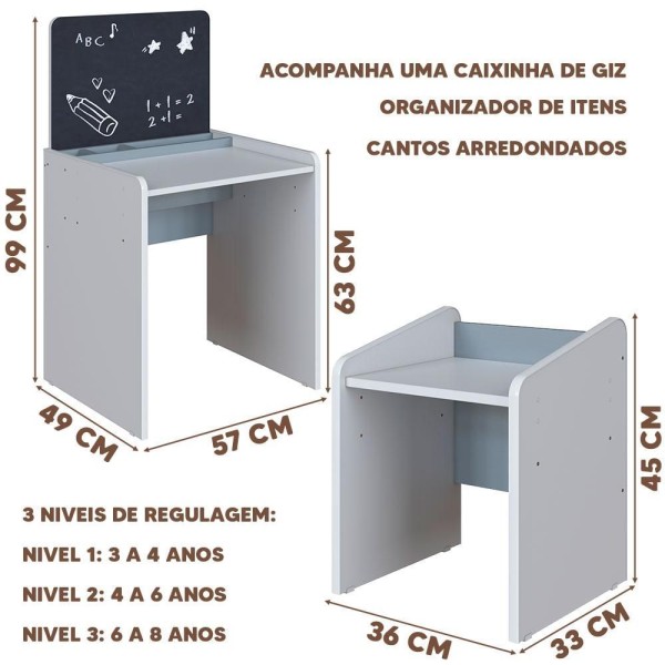 Encontraproduto.com.br - Cama Montessoriana e Colchão Ortobom Com Mesinha Com Lousa E Cadeirinha Infantil Branco Azul