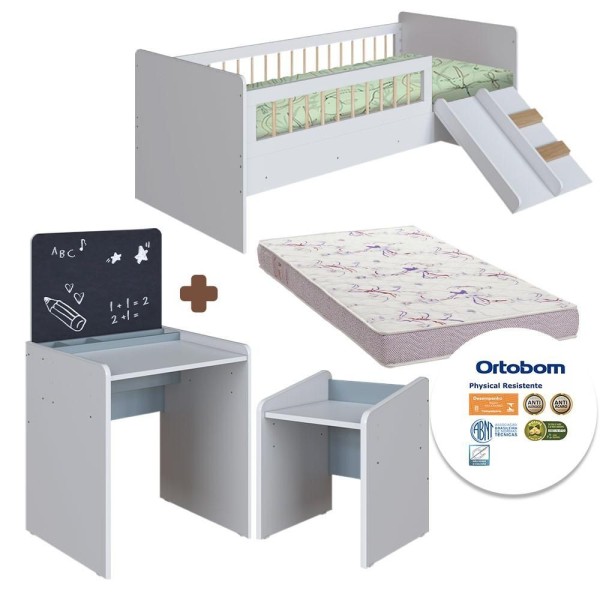 Encontraproduto.com.br - Cama Montessoriana e Colchão Ortobom Com Mesinha Com Lousa E Cadeirinha Infantil Branco Azul