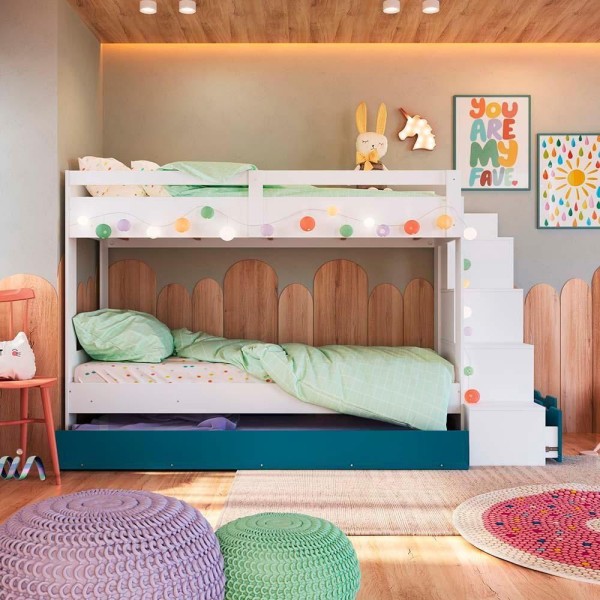 Encontraproduto.com.br - Treliche Infantil Solteiro Com 05 Nichos E Cama Auxiliar Branco Azul Grady Jm Móveis