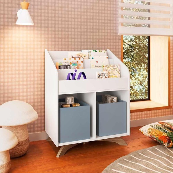 Livreiro Infantil Organizador Branco Com 2 Cubos Azuis Affeto Completa Móveis