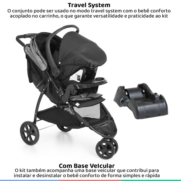 Encontraproduto.com.br - Kit Carrinho Bebê Passeio Berço Cross Trail De 0 a 15kg com Bebê Conforto Cocoon De 0 a 13kg e Base para Carro Galzerano