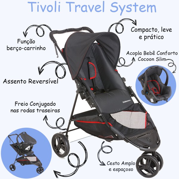 Encontraproduto.com.br - Carrinho de Bebê Galzerano Travel System Passeio 3 Rodas de 0 até 15kg Tivoli + Bebê Conforto + Base