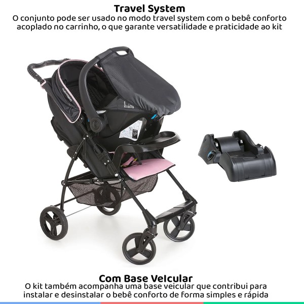 Encontraproduto.com.br - Carrinho Bebe Berço Passeio Reclinável Galzerano Até 15Kg Romano Preto Rosa + Bebê Conforto e Base