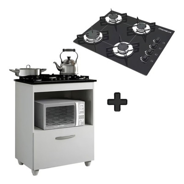 Encontraproduto.com.br - Kit Balcão Salvia Mais Fogão Cooktop 4 Bocas Preto Chamalux