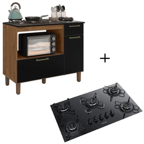 Encontraproduto.com.br - Kit Balcão Cooktop Itatiaia Com 2 Portas E 1 Gaveta E Fogão Cooktop 5 Bocas
