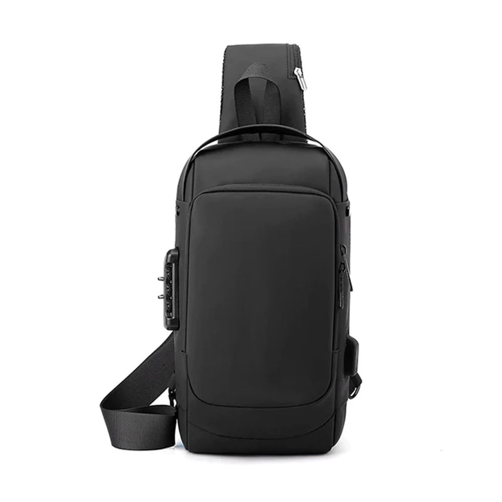 Encontraproduto.com.br - MOCHILA ANTI FURTO TRANSVERSAL CADEADO COM SENHA SAIDA CARREGADOR USB RESISTENTE A ÁGUA