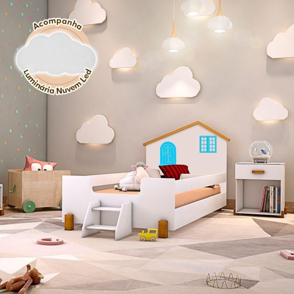 Encontraproduto.com.br - Cama Infantil Solteiro Belissima Azul - Branco E Amêndoa + Luminária Led - Cor: Branco