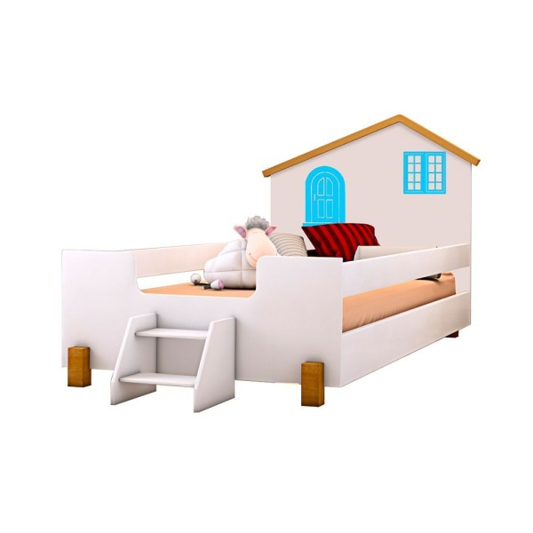 Encontraproduto.com.br - Cama Infantil Solteiro Belissima Azul - Branco E Amêndoa + Luminária Led - Cor: Branco