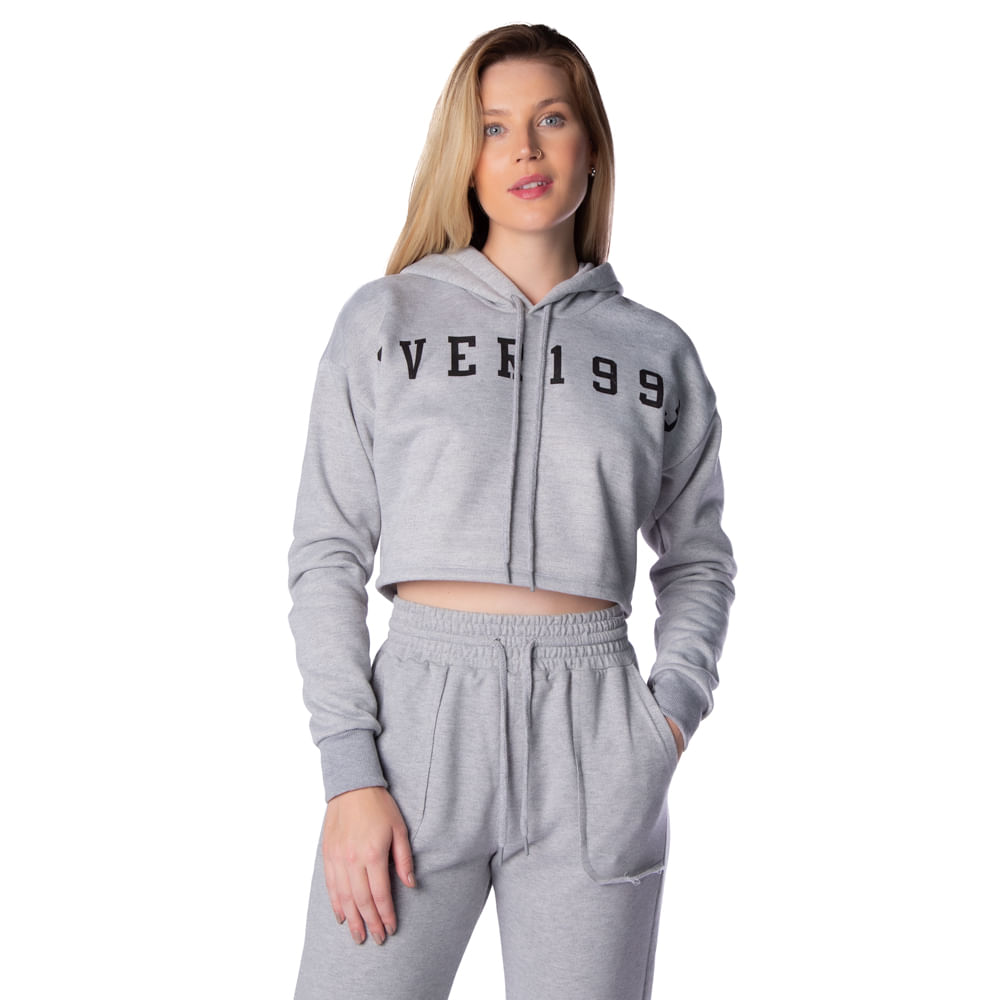 Blusão Cropped Feminino Over Surf com Capuz Cinza