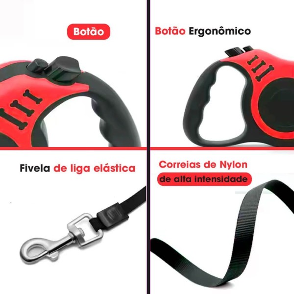 Encontraproduto.com.br - Guia Retrátil Passeio Pet Cachorro E Gato 3 Metros Vermelho
