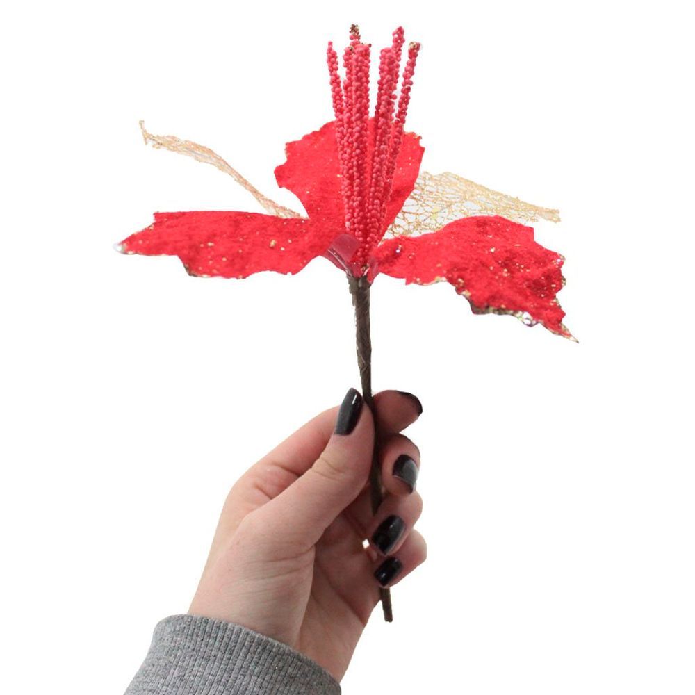 Encontraproduto.com.br - Flor Vermelha Com Cabo Artificial Decoração De Natal Com Glitter 22cm