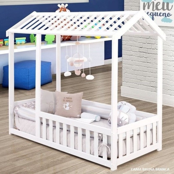 Encontraproduto.com.br - Cama Infantil Montessoriano Com Grade Bruna Branco + Colchão