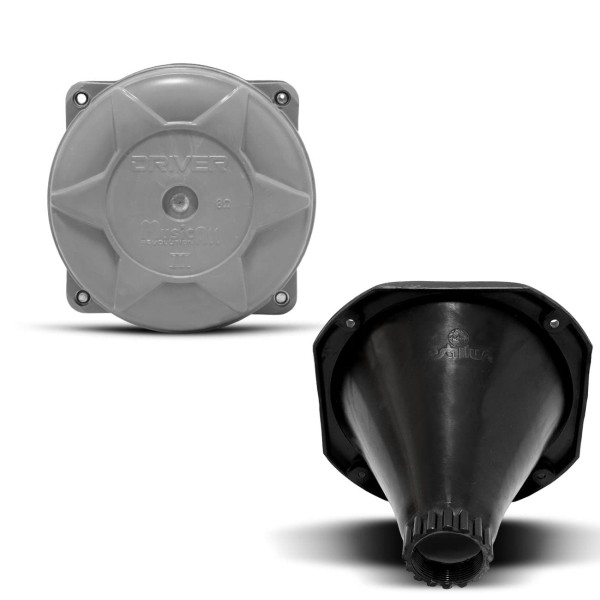 Encontraproduto.com.br - Kit Driver D250X Plus Fenólico 200W RMS 8 Ohms + Corneta Curta Preta + Capacitor Bipolar