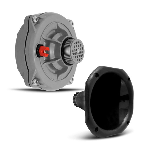 Encontraproduto.com.br - Kit Driver D250X Plus Fenólico 200W RMS 8 Ohms + Corneta Curta Preta + Capacitor Bipolar