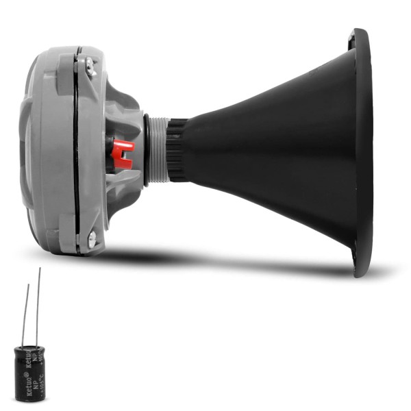 Encontraproduto.com.br - Kit Driver D250X Plus Fenólico 200W RMS 8 Ohms + Corneta Curta Preta + Capacitor Bipolar