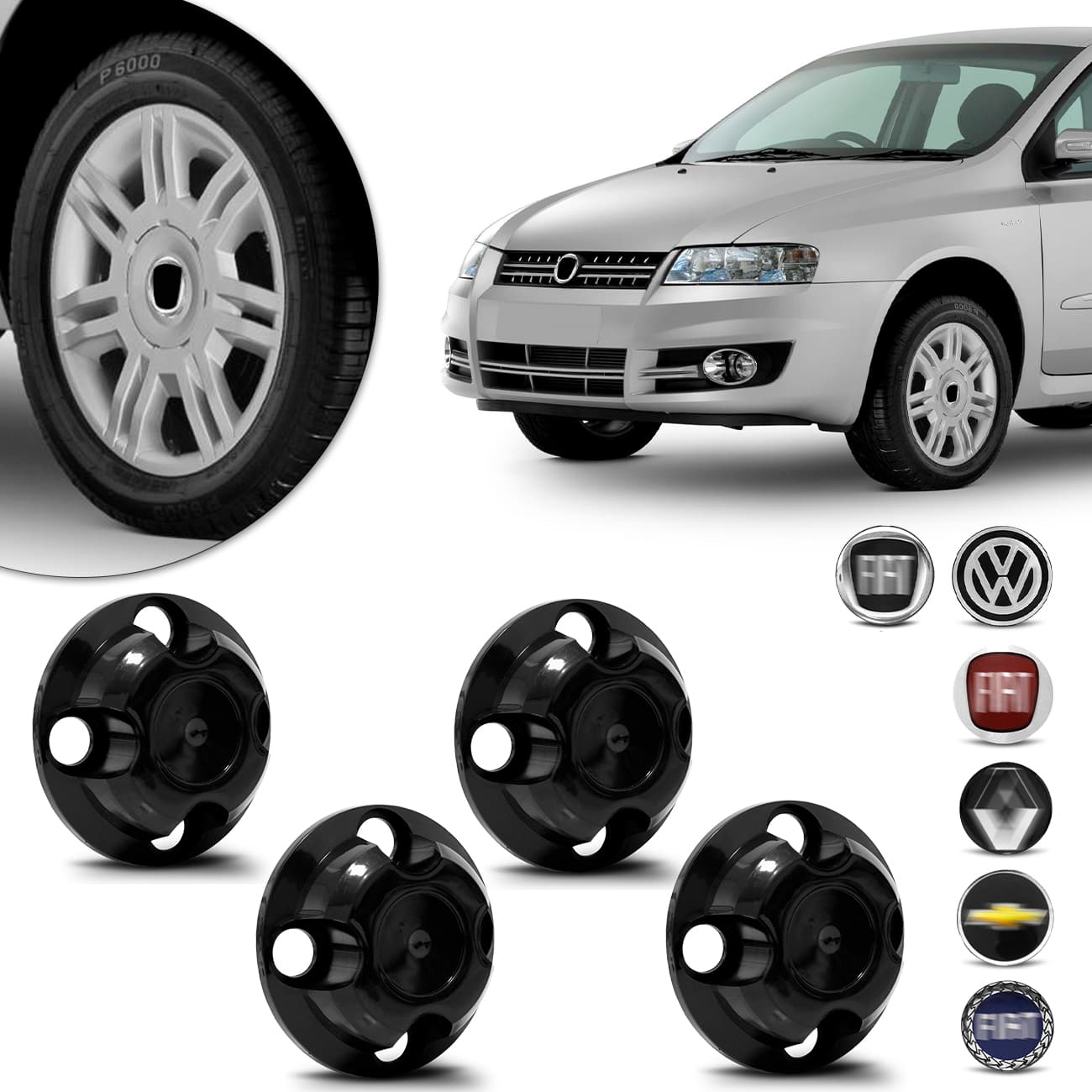 Jogo 4 Calotas Centro de Roda Universal Volkswagen Chevrolet Renault Fiat Aro 13 14 15 Preto 4 Furos