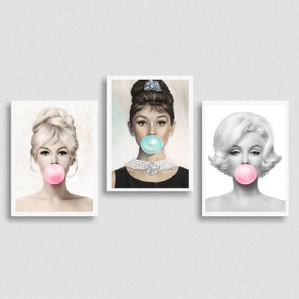 Encontraproduto.com.br - Kit 3 Quadros Marilyn, Audrey E Bridgit Chiclete 45x34cm