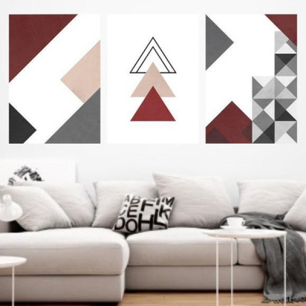 Encontraproduto.com.br - Kit 3 Quadros Geométrico Vermelho E Bege 45x34cm