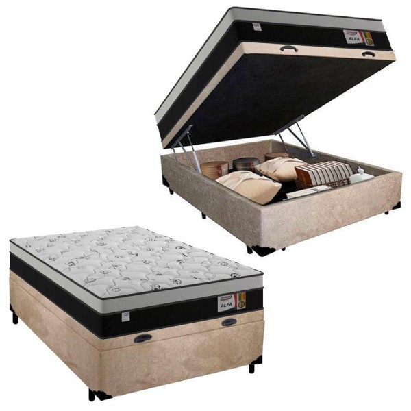 Encontraproduto.com.br - Cama Box Baú Casal Suede + Colchão Molas Ensacadas Alfa Plumatex 138x188x66 Cor:bege