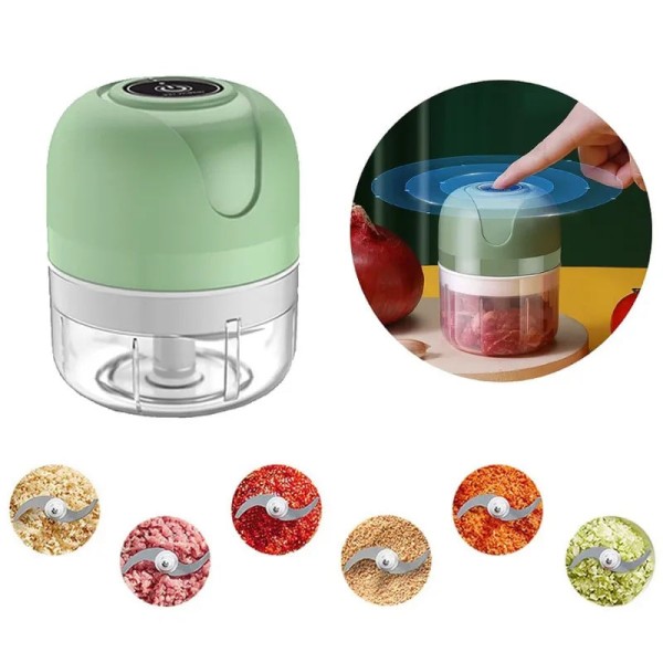 Encontraproduto.com.br - Mini Processador Elétrico com 3 Lâminas de Inox e Recarga USB Triture Alho e outros Alimentos Bivolt - Verde