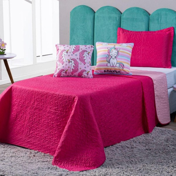 Encontraproduto.com.br - Kit Cobre Leito Unicórnios Pink Com Almofadas Queen 05 Peças