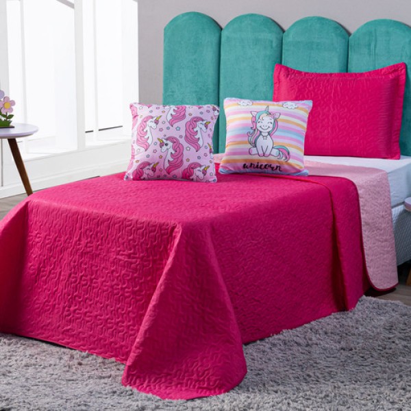 Encontraproduto.com.br - Kit Cobre Leito Unicórnios Pink Com Almofadas Queen 05 Peças