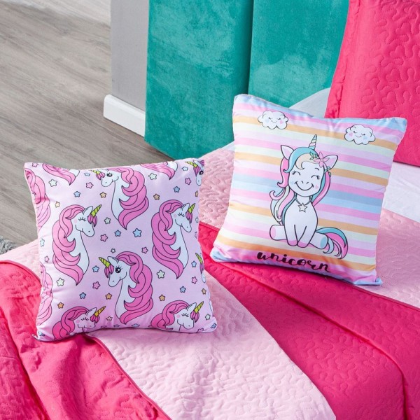 Encontraproduto.com.br - Kit Cobre Leito Unicórnios Pink Com Almofadas Queen 05 Peças