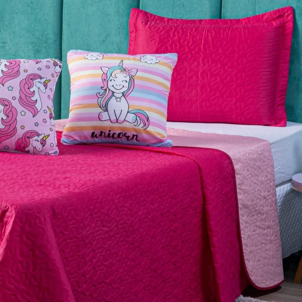 Encontraproduto.com.br - Kit Cobre Leito Unicórnios Pink Com Almofadas Queen 05 Peças