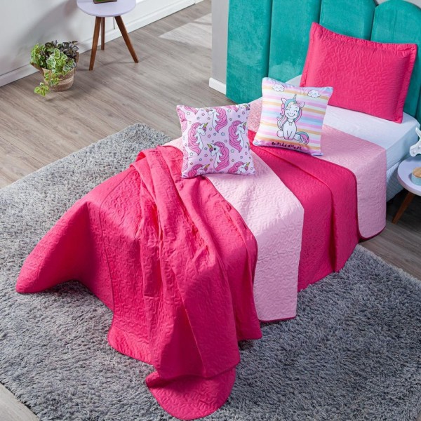 Encontraproduto.com.br - Kit Cobre Leito Unicórnios Pink Com Almofadas Queen 05 Peças