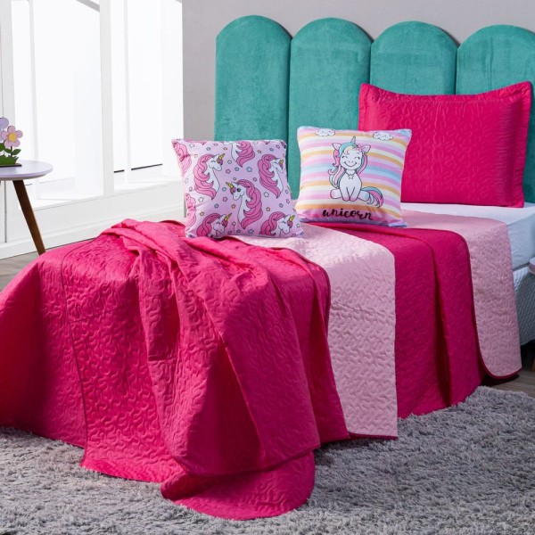 Encontraproduto.com.br - Kit Cobre Leito Unicórnios Pink Com Almofadas Queen 05 Peças