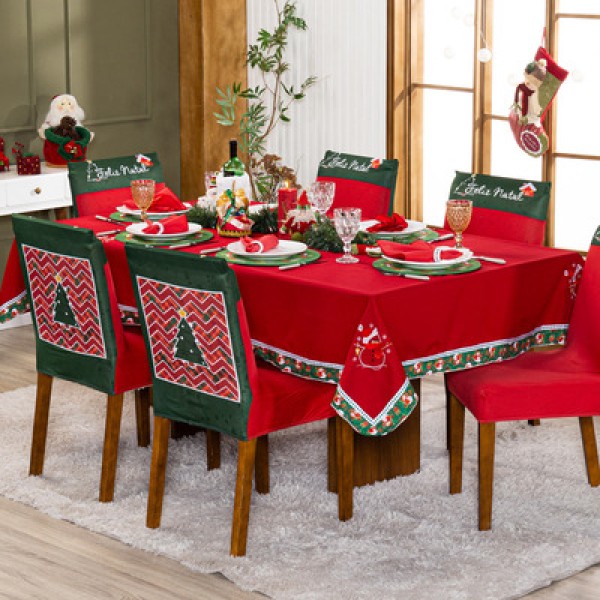 Encontraproduto.com.br - Toalha De Mesa Retangular Avulsa Bordada Natalina Vermelho 2,50m X 1,50m Para 08 Lugares