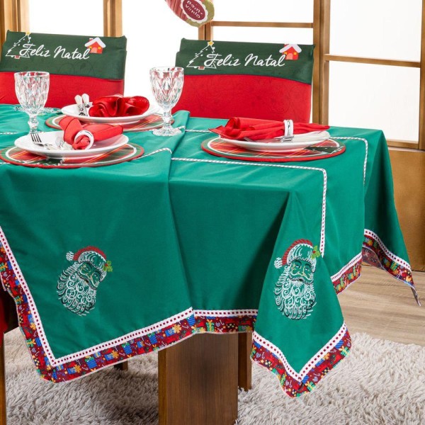 Encontraproduto.com.br - Toalha De Mesa Retangular Avulsa Bordada Natalina Papai Noel Verde 2,20m X 1,50m Para 06 Lugares