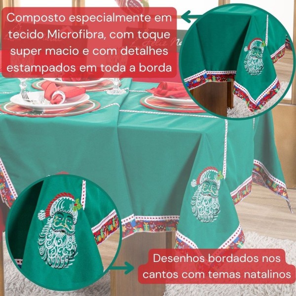 Encontraproduto.com.br - Toalha De Mesa Retangular Avulsa Bordada Natalina Papai Noel Verde 2,20m X 1,50m Para 06 Lugares