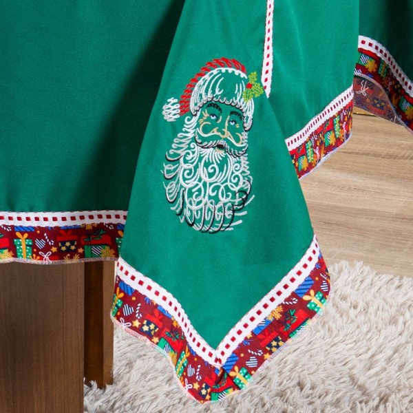 Encontraproduto.com.br - Toalha De Mesa Retangular Avulsa Bordada Natalina Papai Noel Verde 2,20m X 1,50m Para 06 Lugares
