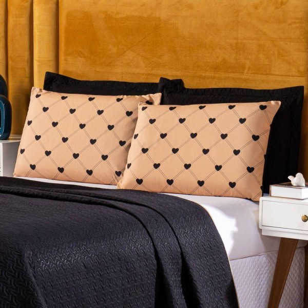 Encontraproduto.com.br - Kit Cobre Leito Love Golden Preto/caqui Dupla Face Com Fronhas Estampadas Queen 05 Peças