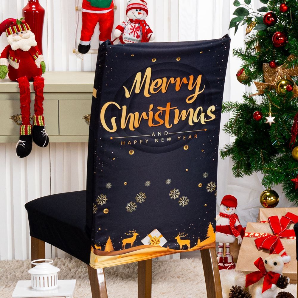 Encontraproduto.com.br - Kit De Capas De Cadeira Jantar Estampada Ano Novo Ajustável Com Elástico 06 Peças Cor Christmas Gold