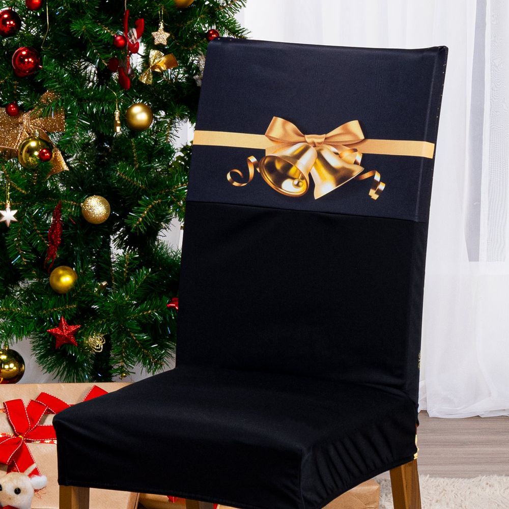Encontraproduto.com.br - Kit De Capas De Cadeira Jantar Estampada Ano Novo Ajustável Com Elástico 06 Peças Cor Christmas Gold