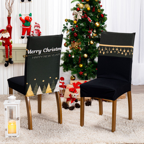 Encontraproduto.com.br - Kit De Capas De Cadeira Jantar Estampada Ano Novo Ajustável Com Elástico 10 Peças Cor árvore Dourado