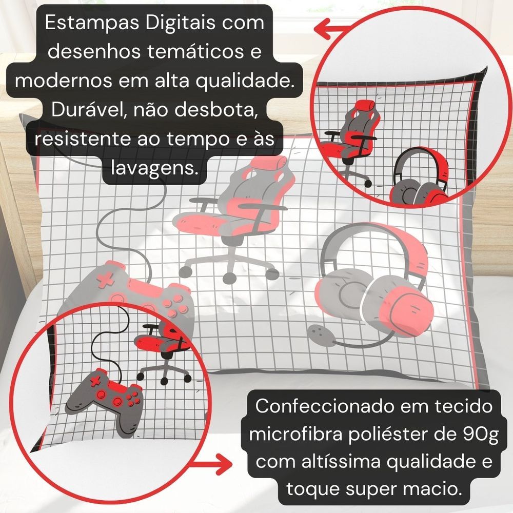 Encontraproduto.com.br - Porta Travesseiro Fronha Avulsa Game Streamer 70cm X 50cm - Estampa Digital Geek Nerd Cor Vermelho