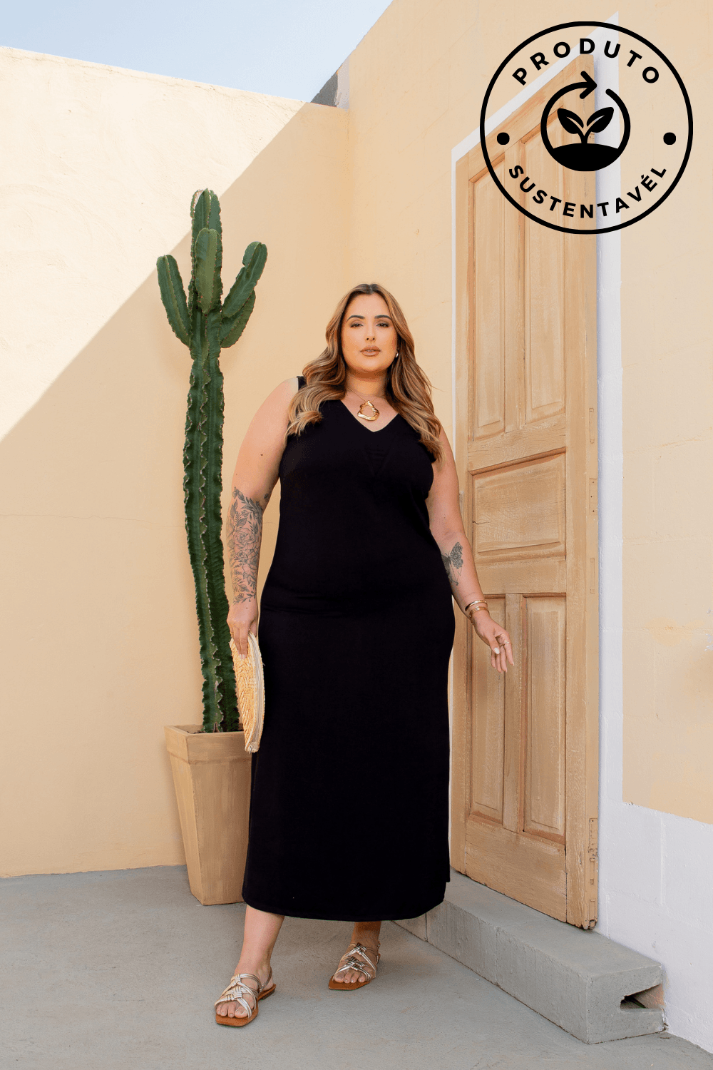 Vestido Longo Aquarela Linho Sustentável Plus Size PRETO