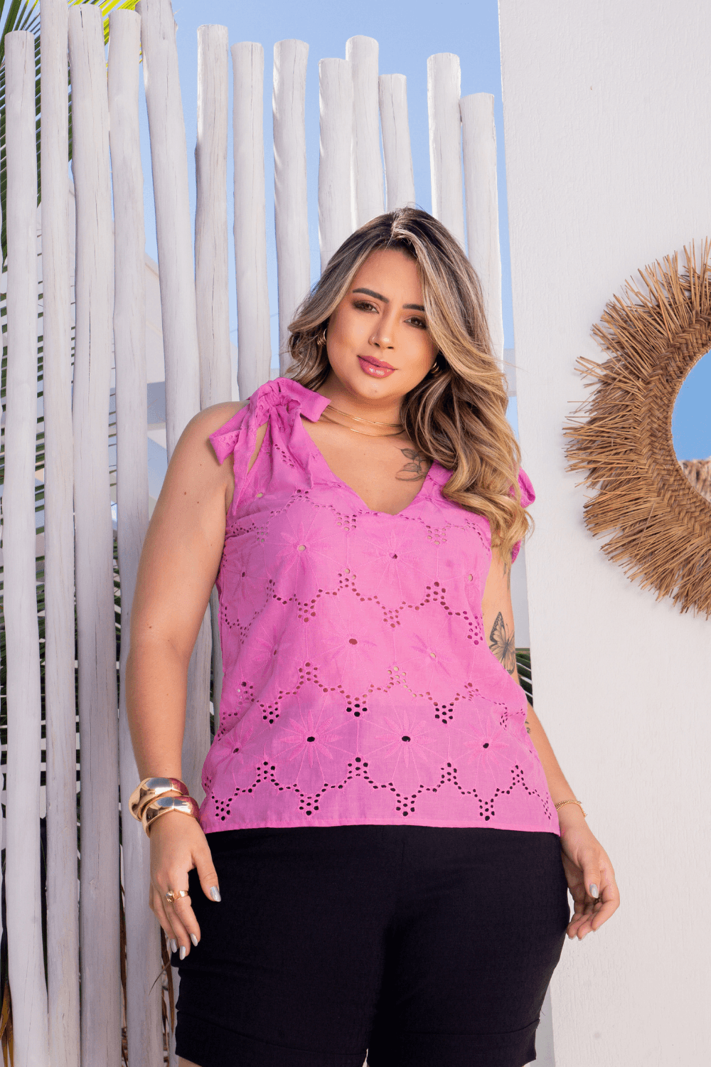 Encontraproduto.com.br - Regata Laise Decote V Laço Plus Size ROSA