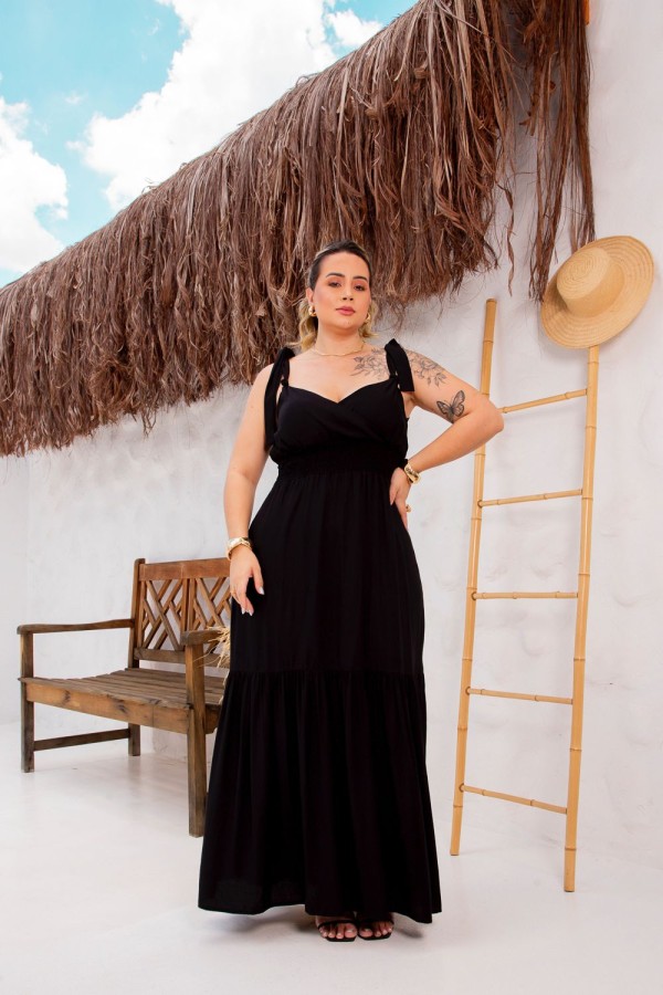 Vestido Longo Elisabeth Com Nó e Babado Plus Size PRETO